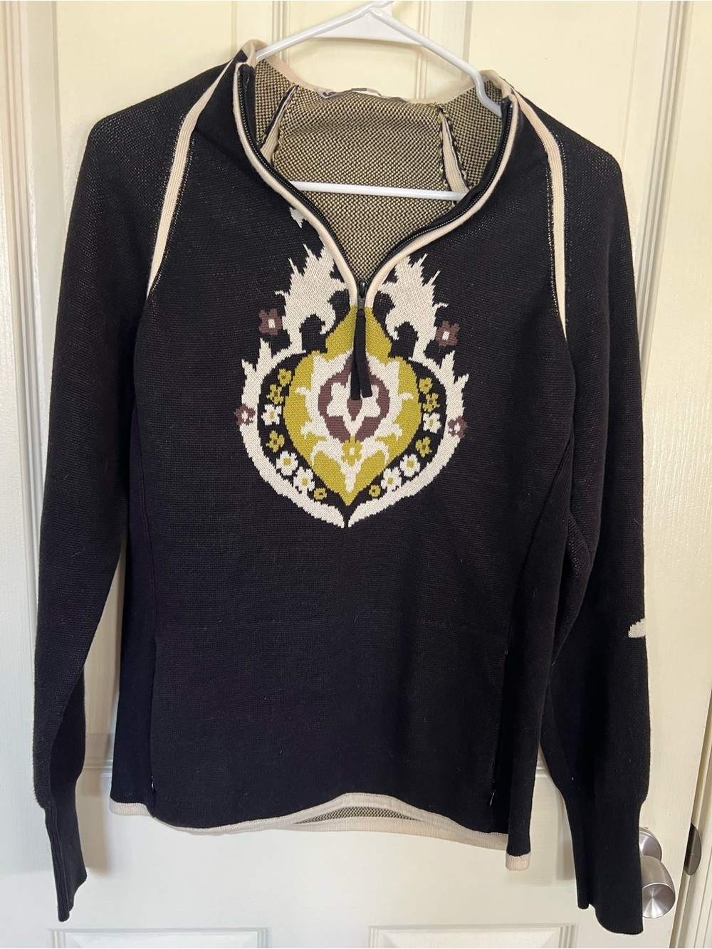 Athleta 100% Cotton Fair Isle Half Zip Sweater Black Nordic Pullover
